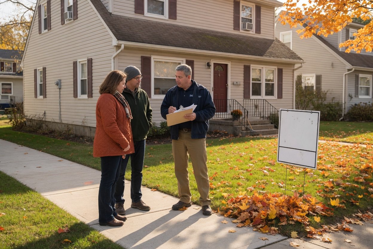 A home buyer and an inspector looking over an inspection report on a clipboard in front of a house with a For Sale sign