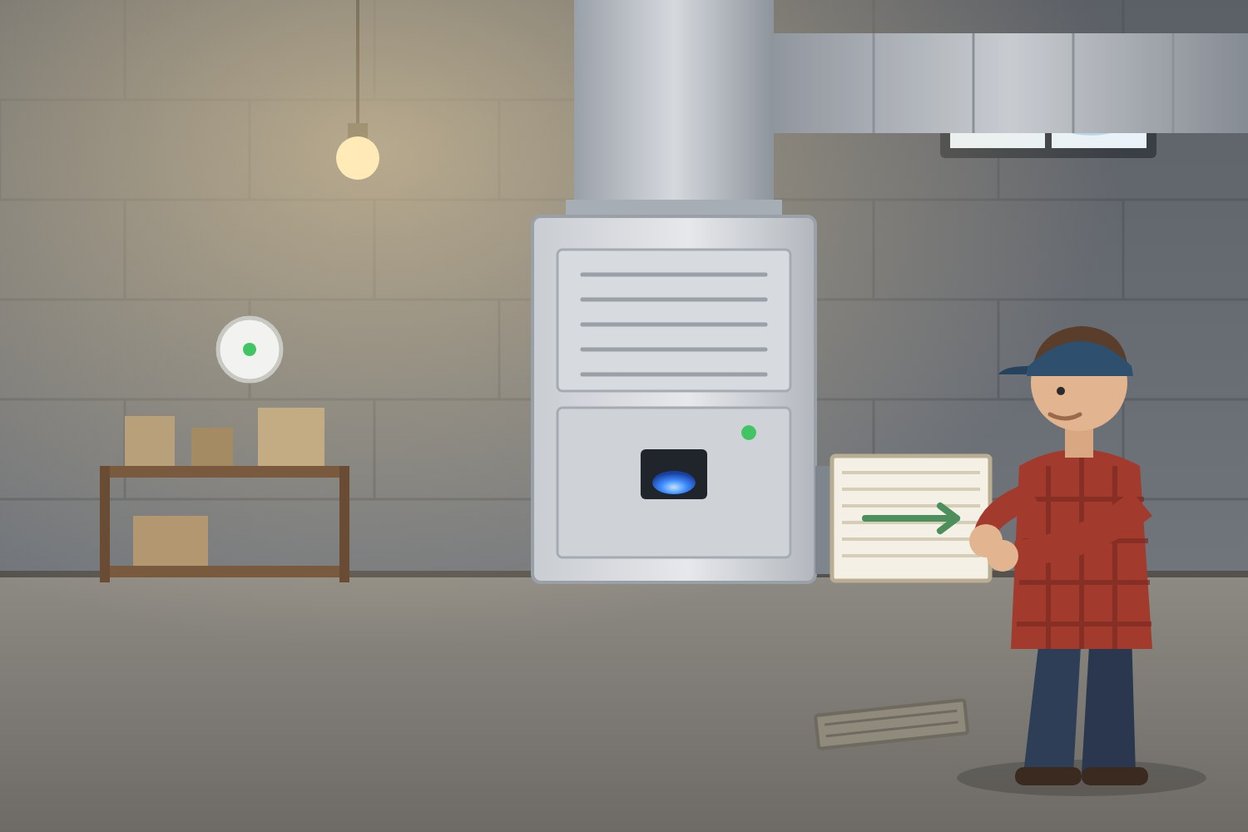Illustration of a homeowner changing a furnace filter in a basement