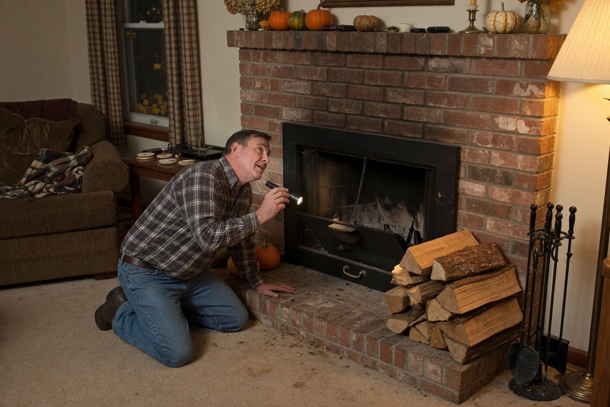 A homeowner checking the damper of a brick fireplace with a flashlight