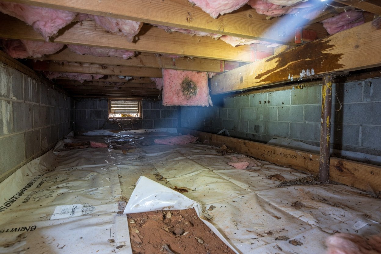 A flashlight beam lighting a crawl space with a plastic vapor barrier on the ground and wooden floor joists overhead