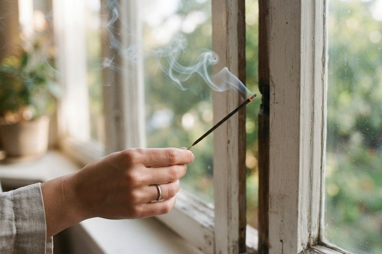 A hand holding a lit incense stick near a window frame, the smoke bending toward a gap