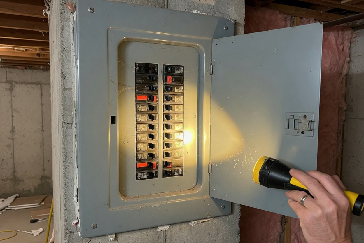 An older residential electrical panel with its door open, showing rows of circuit breakers