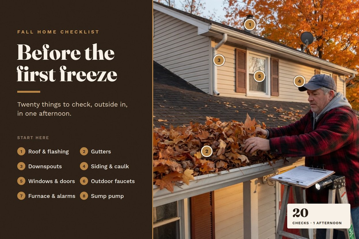 Fall home checklist: a homeowner on a ladder clears a gutter full of leaves, with numbered callouts for roof, gutters, downspouts, siding and windows