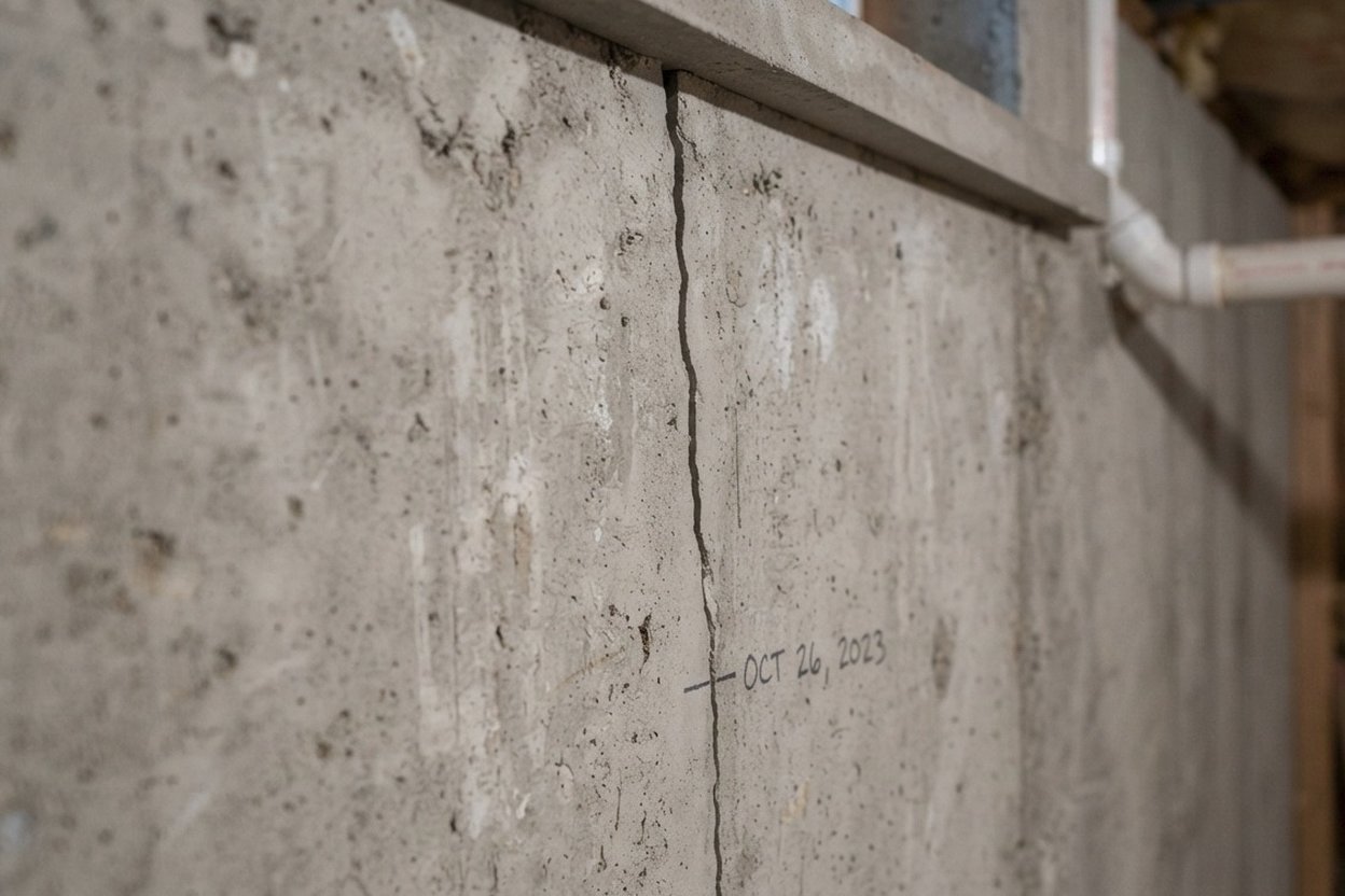 A vertical crack in a poured concrete basement wall, with a pencil mark and a date written at its tip