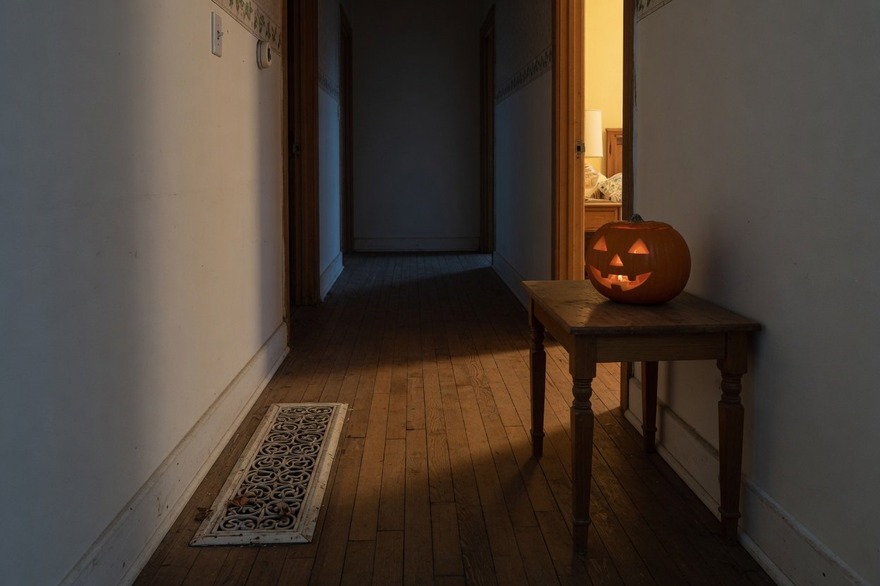 A dark hallway in an old house at night with a little light coming from a doorway