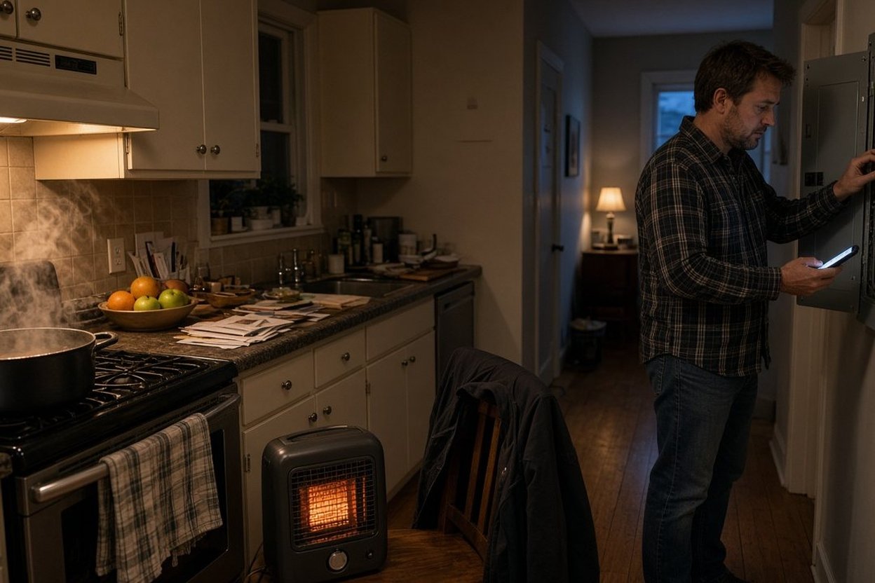 Homeowner examining an electrical breaker panel with a portable space heater on the kitchen floor