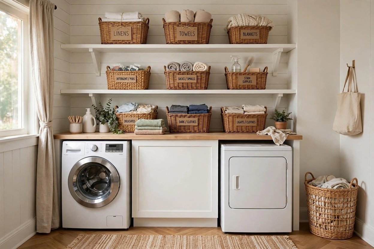 Hands in a laundry room pulling a dryer away from the wall to inspect the flexible transition duct behind it.