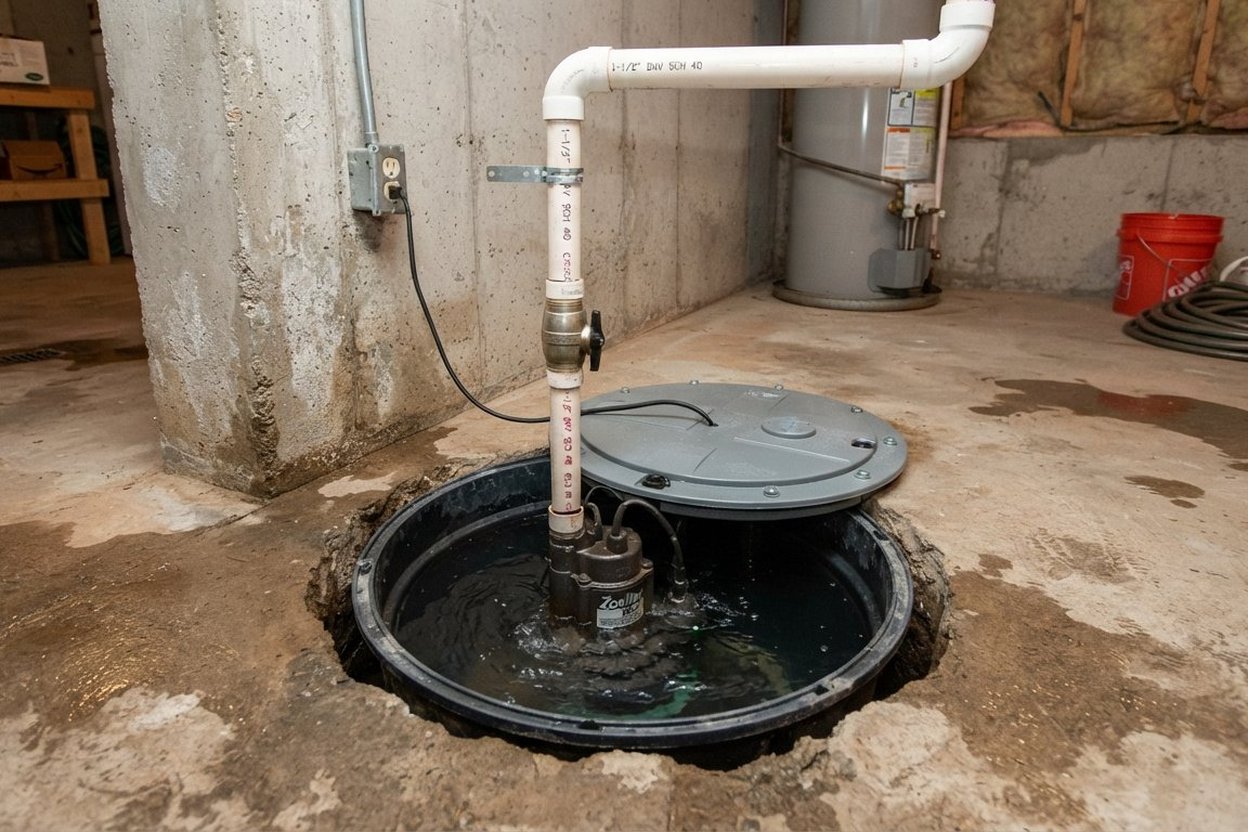 Open basement sump pit with the lid removed, showing the pump and float switch beside a bucket of water.