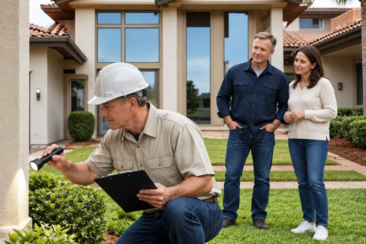 A home inspector checks the foundation with a flashlight while the buyers watch from the lawn