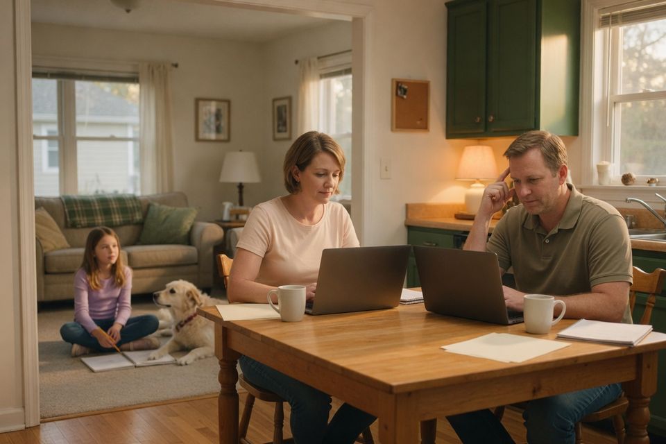 A couple works through home-buying paperwork at the kitchen table